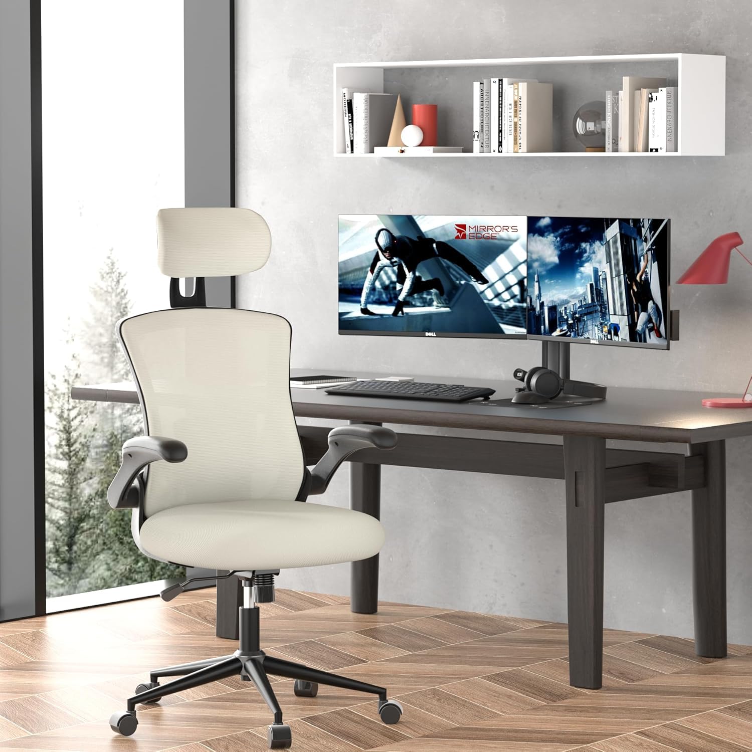 Ergonomic Office Chair, Mesh Desk Office Chair with Adjustable Headrest & Lumbar Support, High Back Task Computer Chair with Flip-up Armrests, Executive Chair for Home Office (Grey)