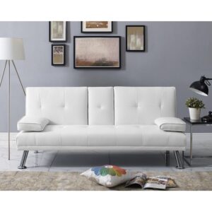 maykoosh low profile design: convertible folding futon sofa bed sleeper couch for living room upholstered futon sofa with armrests, metal legs, 2 cup holders white/faux leather