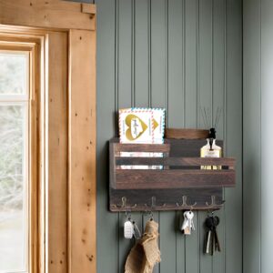 VZONE Wooden Key Holder Wall Mount - Rustic Mail Holder for Wall, Made of Natural Solid Wood Mail Organizer with 4 Double Key Hooks for Entryway, Hallway, Mudroom 11.73" x2.63x7.08