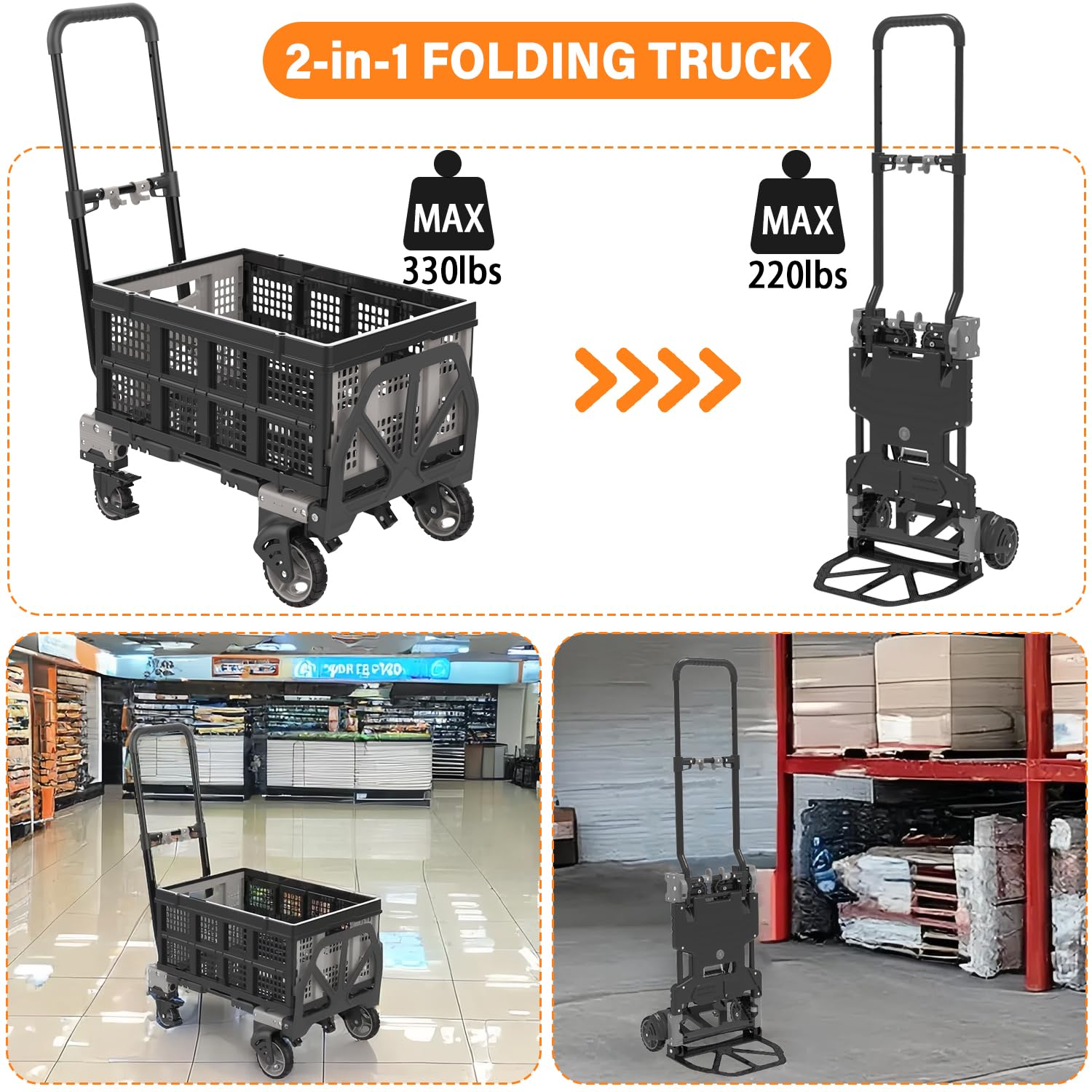 2-in-1 Folding Hand Truck with Folding Basket, 330LBS Capacity Heavy Duty Dolly with Retractable Handle, 4 Wheels and 2 Wheels Convertible Dolly Cart, Utility Luggage Cart with 2 Elastic Ropes