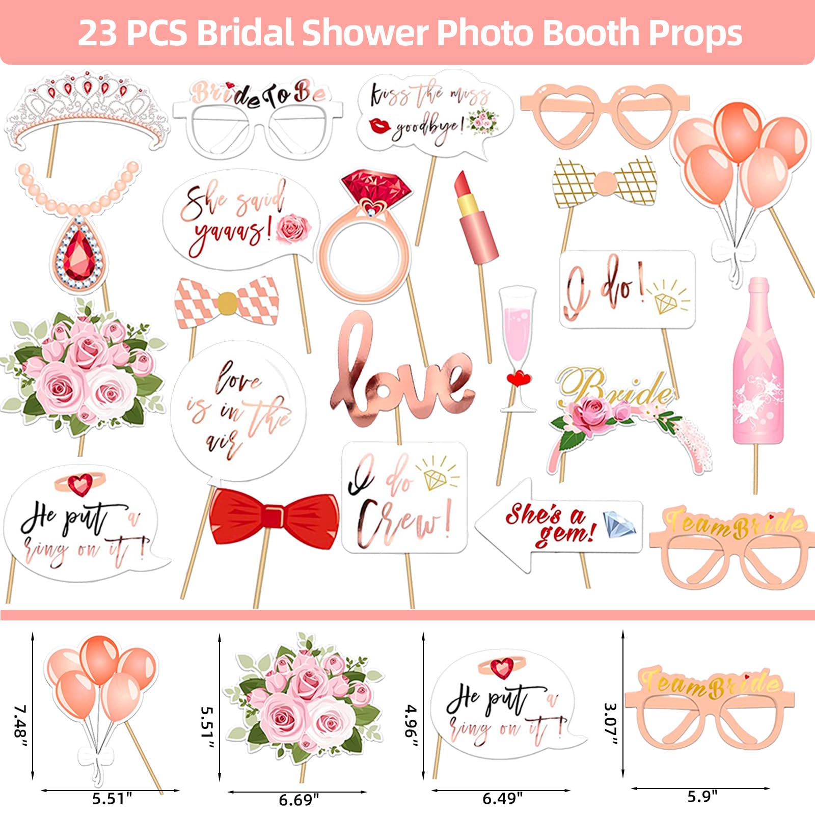 23 PCS Wedding Bridal Shower Photo Booth Props and Inflatable Selfie Photo Frames,Rose Gold Bride to Be Selfie Photo Booth Frame Props,Wedding Decoration Bachelorette Engagement Party Favor Supplies