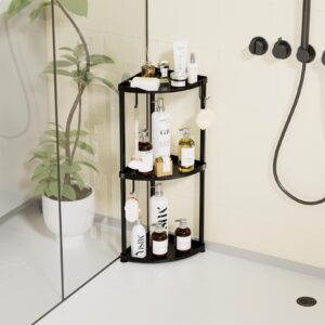 SWTYMIKI Corner Shower Caddy Standing - 3 Tier Stainless Steel Corner Shower Organizer Stand, Large Capacity Floor Shower Shelf with 4 Hooks, Rustproof Shower Storage for Bathroom and Bathtub, Black