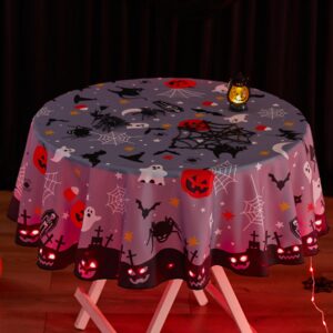 Suppromo Halloween Tablecloth with Lights 60 Inch Round Waterproof Fabric Pumpkin Witches Bat Ghost Table Cloth for Halloween Party Everyday Dinner Table Decorations Halloween Table Cover