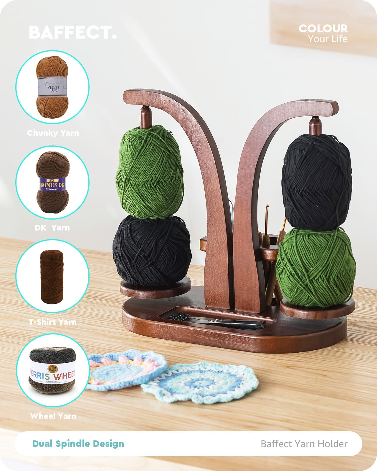 Baffect Yarn Holder Magnetic, Yarn Ball Holder Wooden, Yarn Spindle With Double Spindles, Spinning Yarn Holder For Crochet Lovers