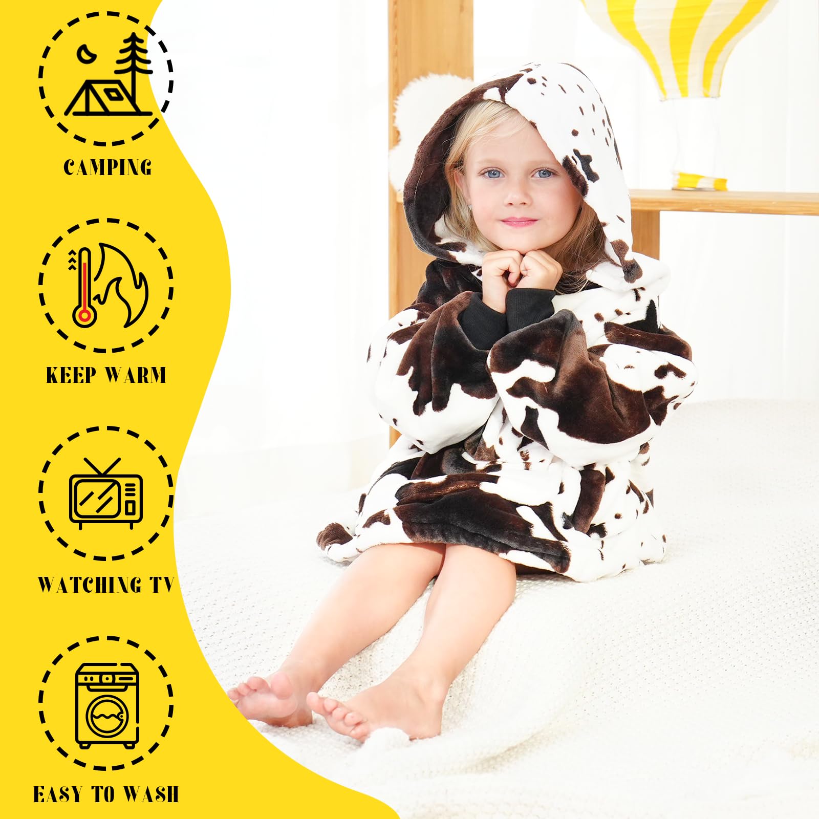 cow print Wearable Blanket Hoodie for Kids Oversize Blanket Hoodies Cozy Black and White Fleece Sweatshirt Blanket Gifts for Girls Boys 2-5 Year Old