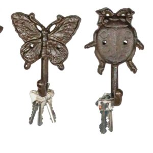 Ebros Set of 4 Cast Iron Vintage Rustic Fancy Bugs Bee Ladybug Butterfly and Dragonfly Wall Hooks Plaque Countryside Western Vintage Cottage Home Or Office Organization