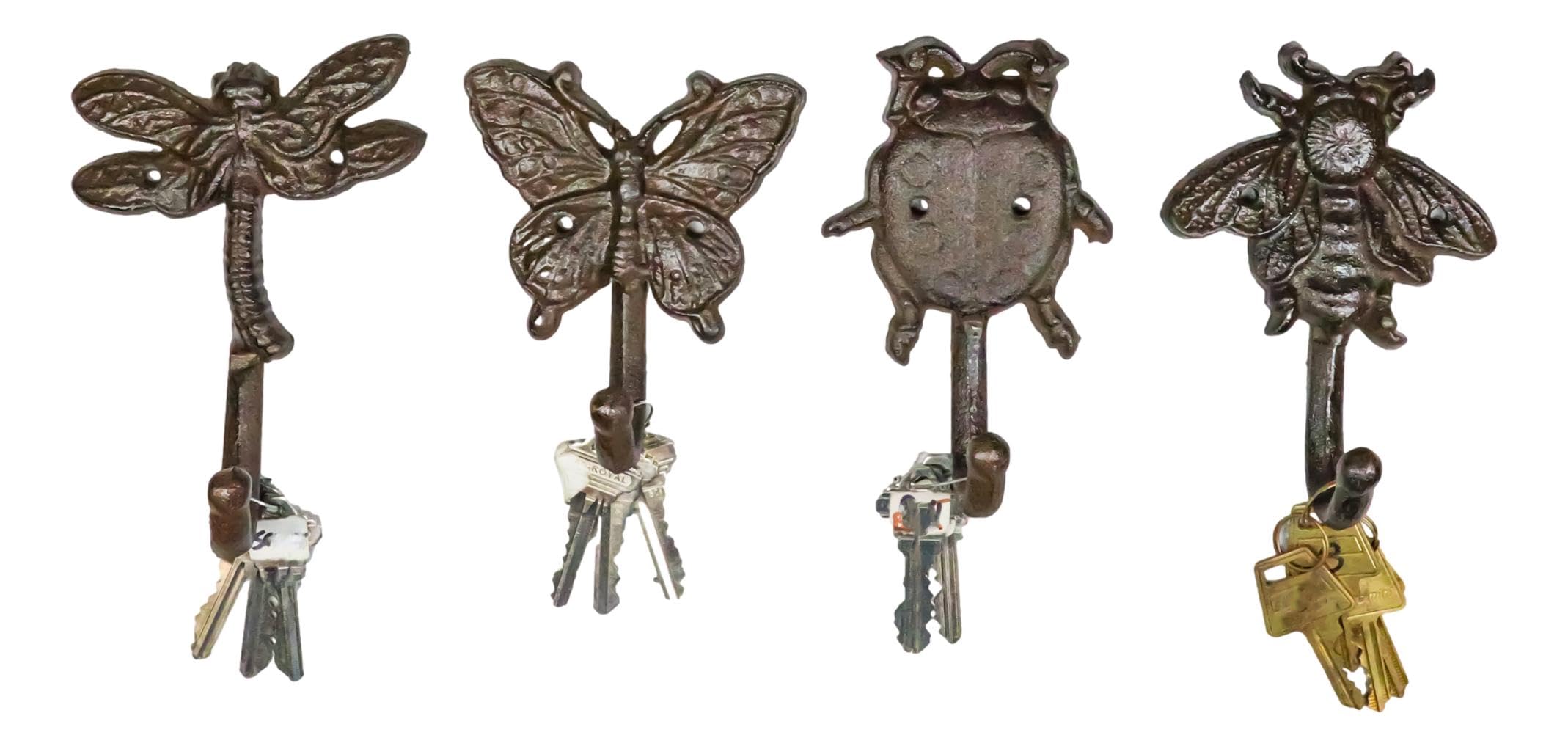 Ebros Set of 4 Cast Iron Vintage Rustic Fancy Bugs Bee Ladybug Butterfly and Dragonfly Wall Hooks Plaque Countryside Western Vintage Cottage Home Or Office Organization