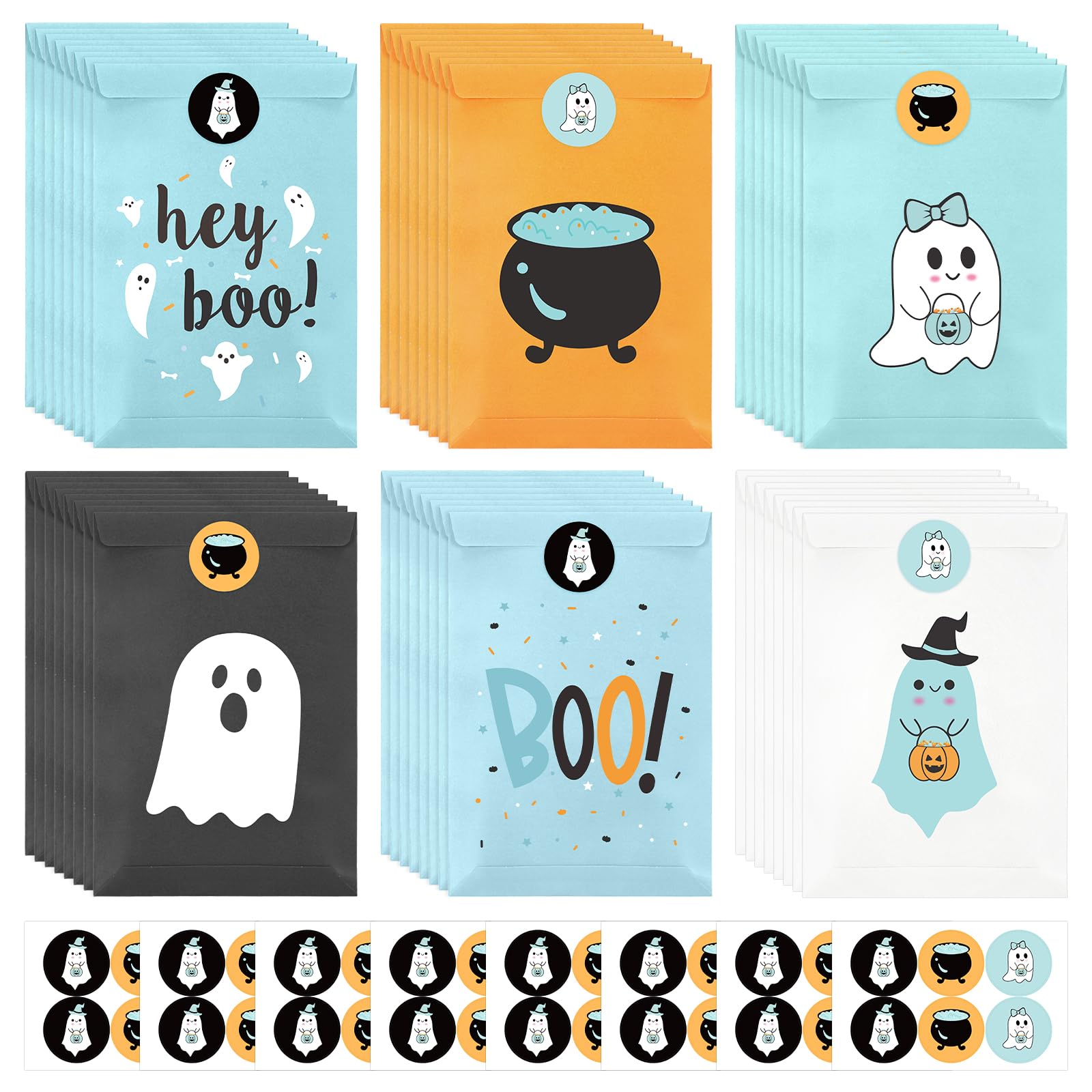 FHzytg 48Pcs Halloween Boo Party Favor Bags, Blue Halloween Ghost Candy Bags Halloween Party Gift Bags for Girl Boy Halloween Spooky Birthday Decorations Boo Baby Shower Happy Boo Day Decorations