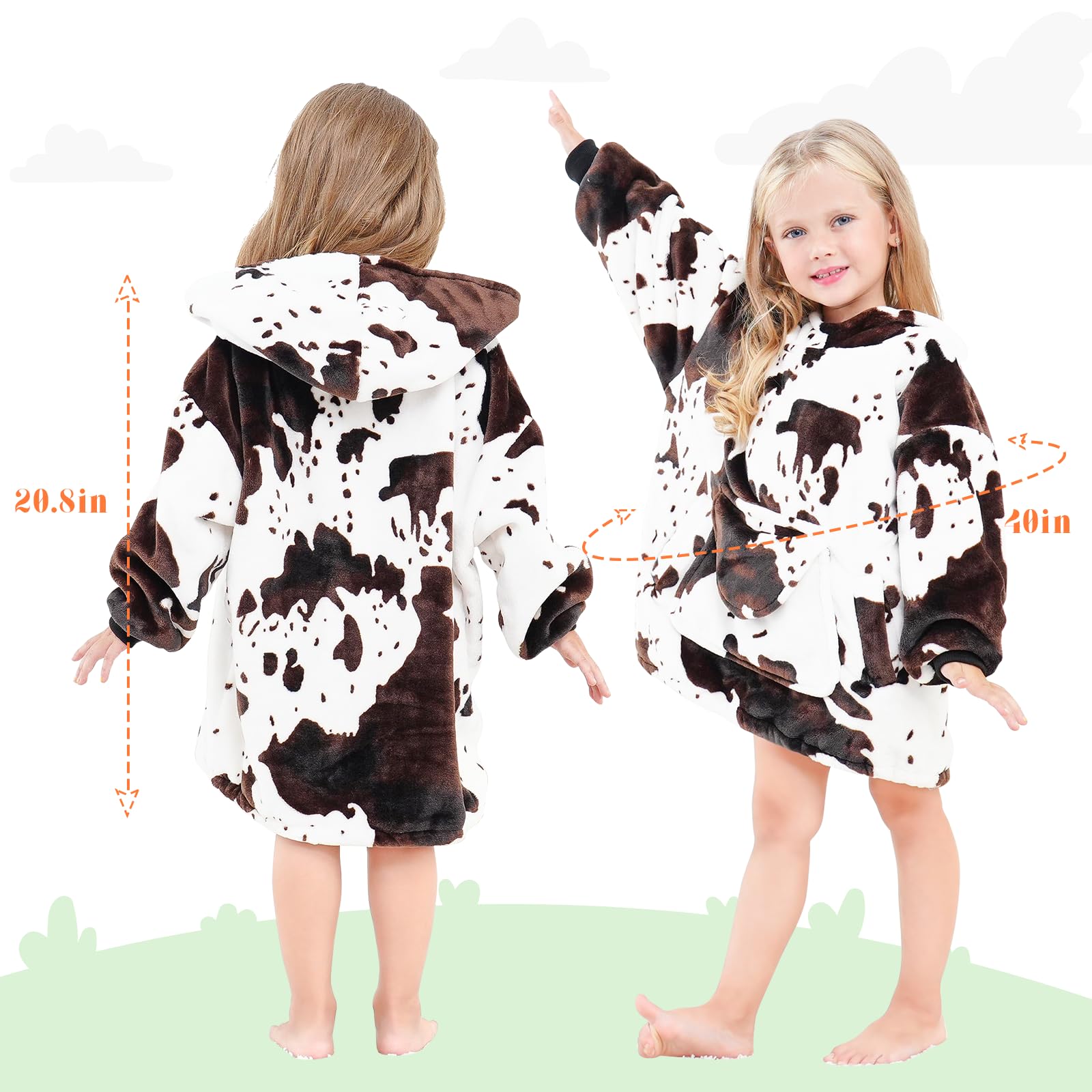 cow print Wearable Blanket Hoodie for Kids Oversize Blanket Hoodies Cozy Black and White Fleece Sweatshirt Blanket Gifts for Girls Boys 2-5 Year Old