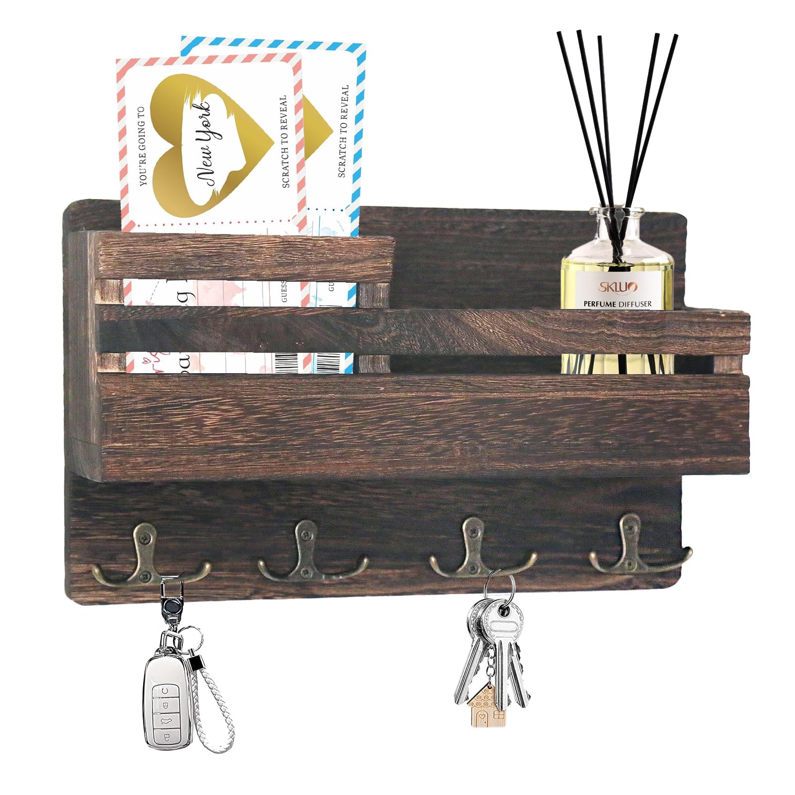 VZONE Wooden Key Holder Wall Mount - Rustic Mail Holder for Wall, Made of Natural Solid Wood Mail Organizer with 4 Double Key Hooks for Entryway, Hallway, Mudroom 11.73" x2.63x7.08