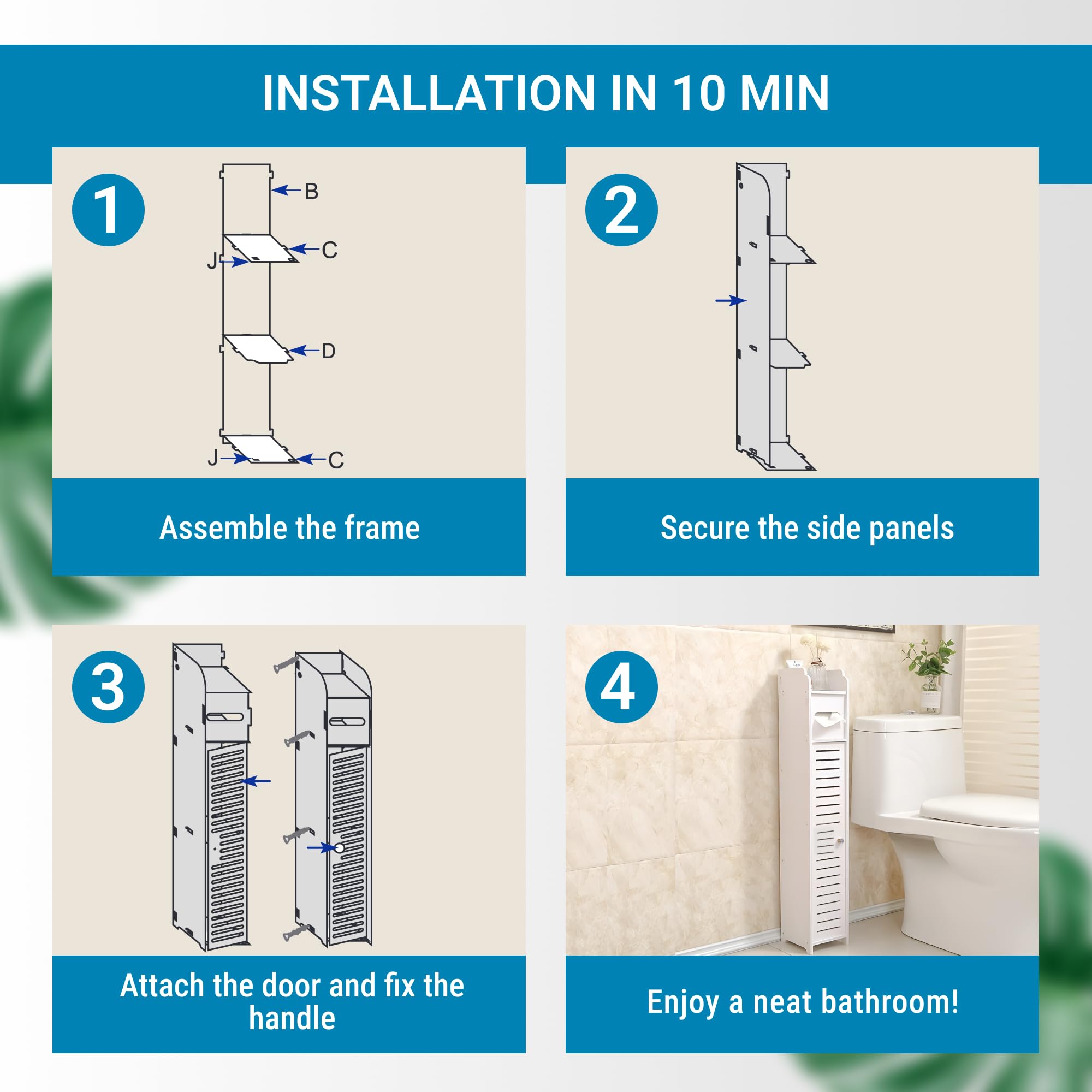 WOWZILLA Small Bathroom Storage Cabinet, White Bathroom Cabinet for Small Spaces, Next to Toilet Storage Slim Bathroom Organizers and Storage Cabinet with Shelves and Two Ventilation Door Holes