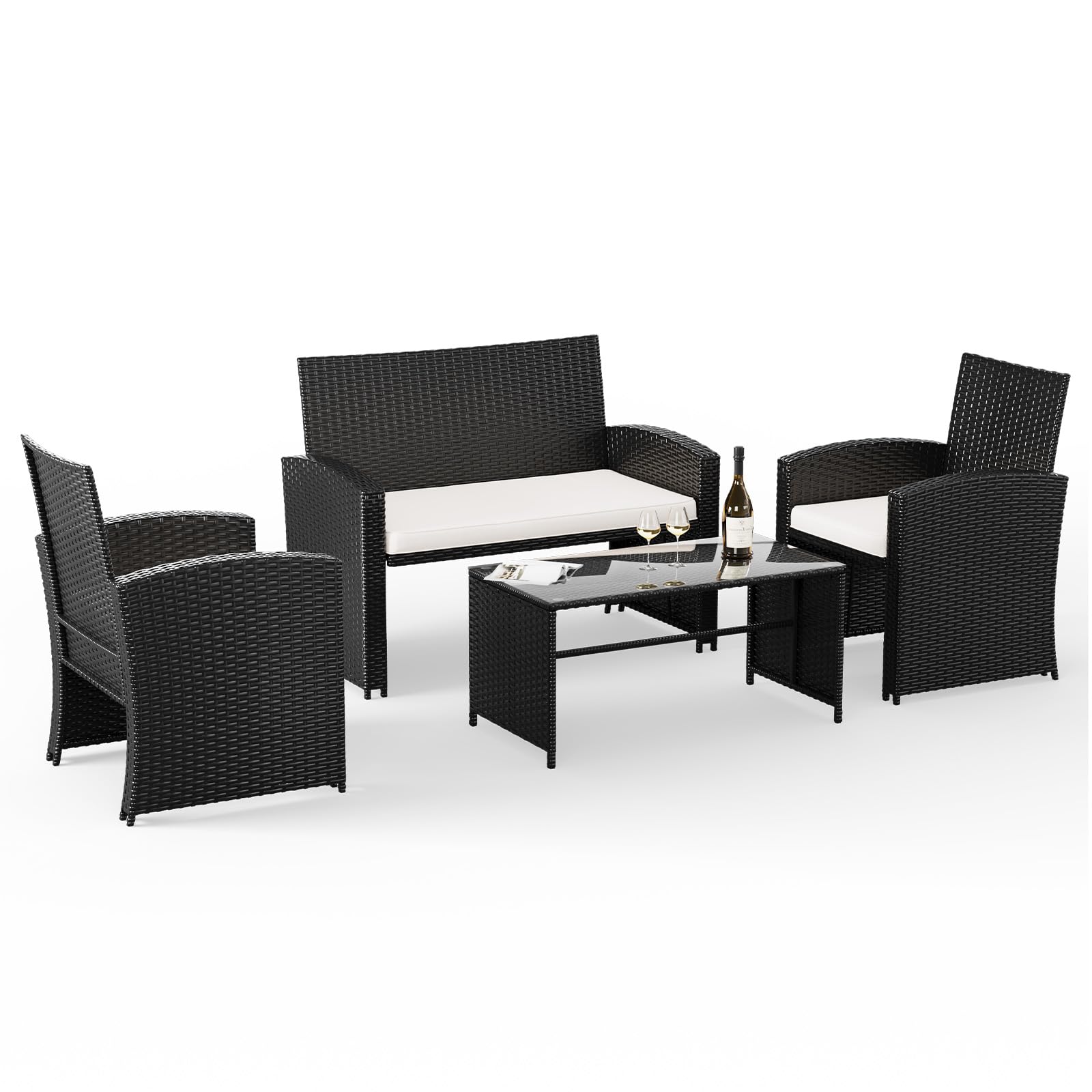 Amopatio Outdoor Furniture Set,4 Pieces Black Rattan Wicker Conversation Sets Sectional Sofa with White Cushions