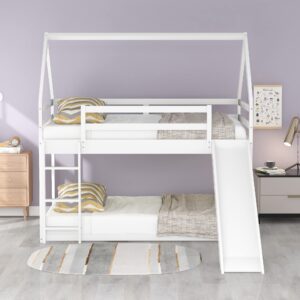 DreamBuck House Bunk Bed with Slide, Solid Wood Low Bunk Bed Twin Over Twin with Roof and Safety Guardrail, Twin Floor Bunk Bed for Kids Teens Girls Boys, No Box Spring Needed, White