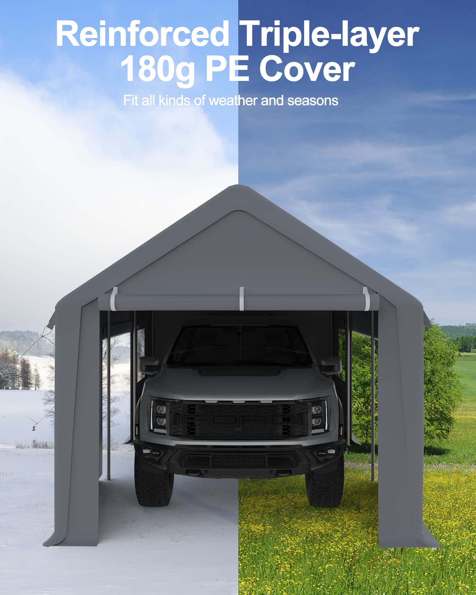 DEXSO Carport 13'x20' Portable Garage, Heavy Duty Carport Canopy, Reinforced Steel Poles, 4 Roll-up Doors & 4 Windows, for Pickup, Boat, and Equipment, Gray