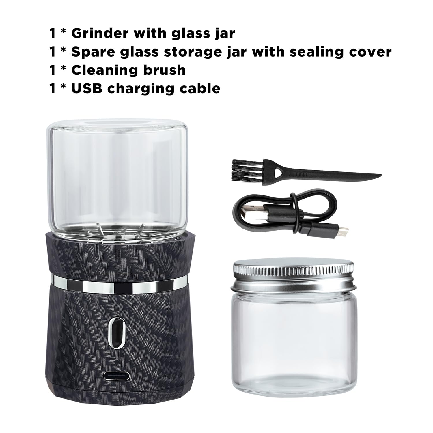 Unique Electric Herb Grinder, Small Spice Grinder Electric herb Grinders Mini Size 2x3.5inches with 2pcs 1.7oz/50ml Glass Jar Herb Jar Portable Grinders Rechargeable Automatic herb Grinder