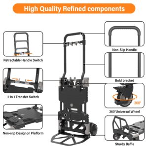 2-in-1 Folding Hand Truck with Folding Basket, 330LBS Capacity Heavy Duty Dolly with Retractable Handle, 4 Wheels and 2 Wheels Convertible Dolly Cart, Utility Luggage Cart with 2 Elastic Ropes