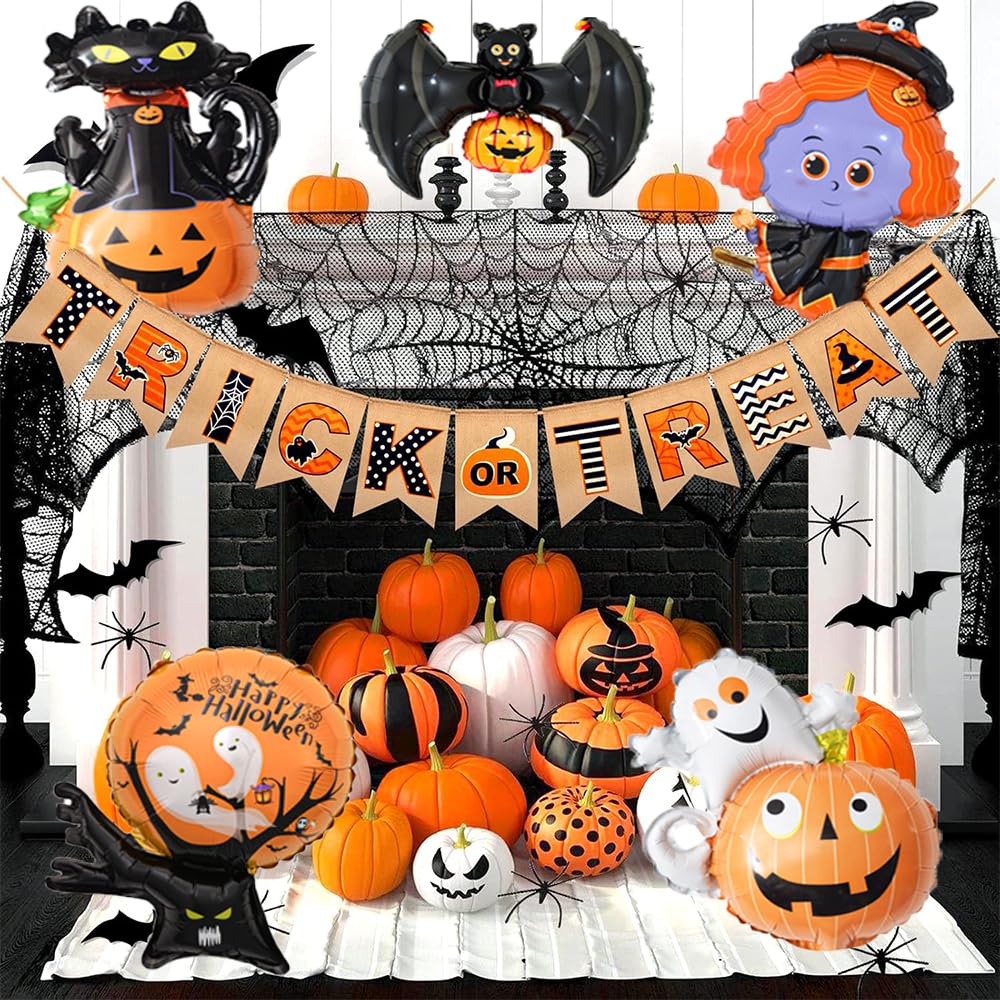 19 Pcs Halloween Foil Balloons, Halloween Party Balloons Pumpkin Ghost Spider Witch Wizard Black Cat Monster Bat Balloon for Halloween Party Decorations Supplies