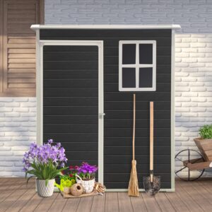 Shaical Outdoor Storage Shed with Floor and Window, 5x3ft Waterproof Tool Shed with Vents, Lockable Door, All Weather Sloping Roof Outdoor Shed, for Lawnmower, Bike, Tools, Black