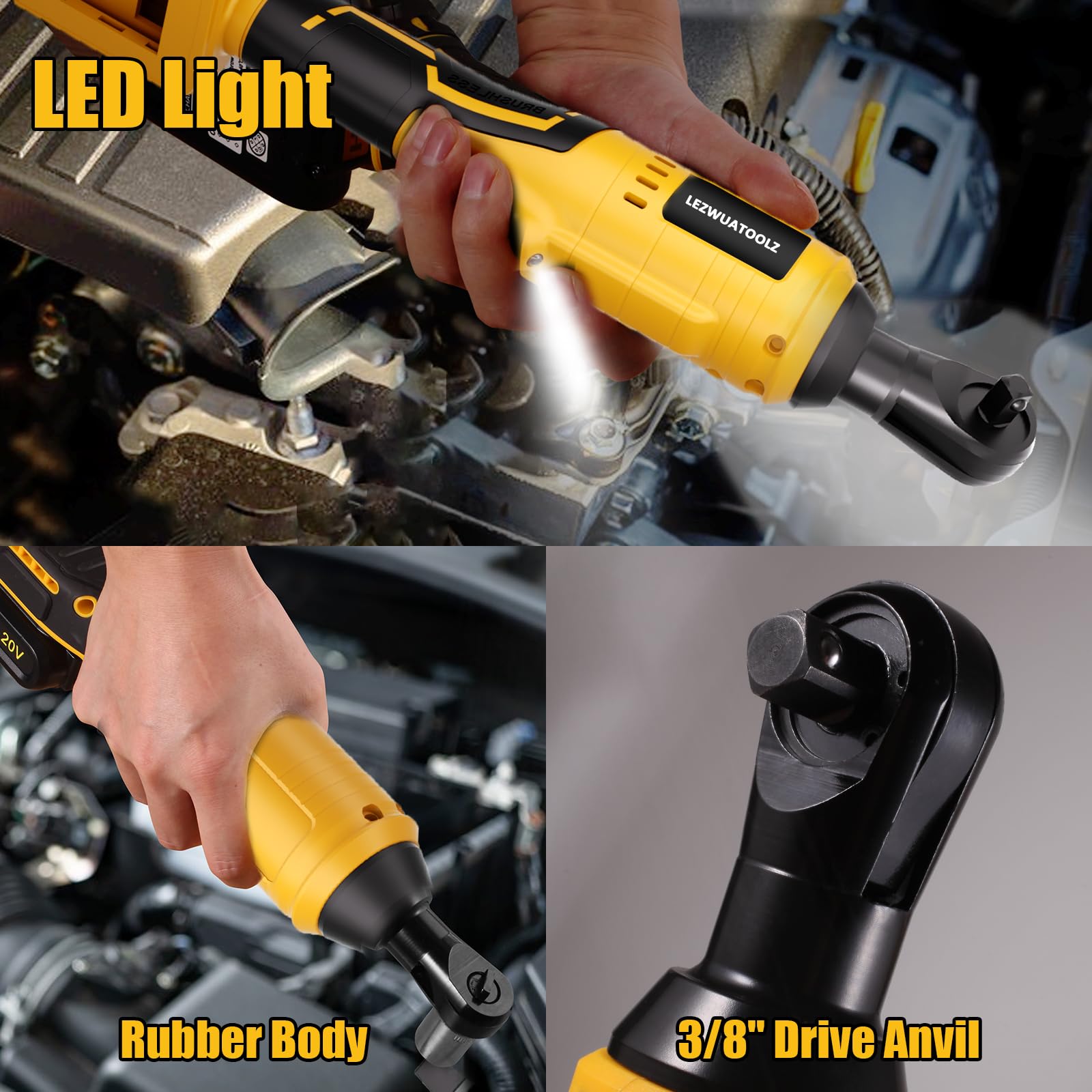 Lezwuatoolz 3/8" Brushless Cordless Ratchet, Electric Ratchet Compatible with DEWALT 20V Battery, 74Ft-Lbs Ratchet Wrench with Variable Speed Trigger, 3/8" to 1/4" Adapter, 3" Extension Bar(Tool Only)