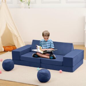 GarveeHome 12PCS Modular Kids Play Couch, Toddler Couch Child Sectional Sofa for Creative Play, Sleeping, Reading, Convertible Sofa Foam Couch Building Fort for Playroom Bedroom, Navy Blue