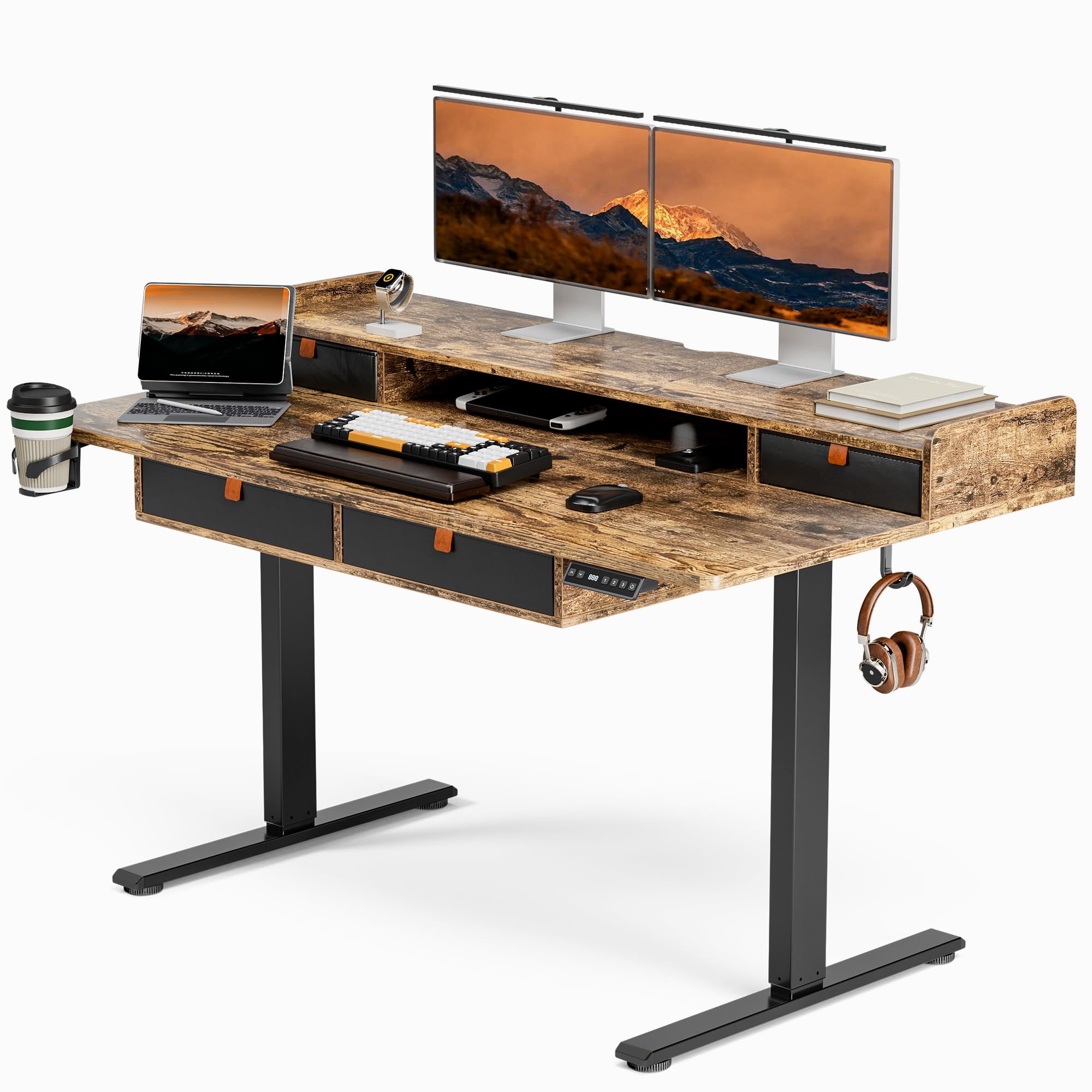 Acrolix 55x30 Inches Standing Desk with Drawers,Adjustable Height Desk with 4 PU Drawers,Double Storage Shelvers Sit Stand Up Desk,Home Office Computer Desk(Rustic Brown)