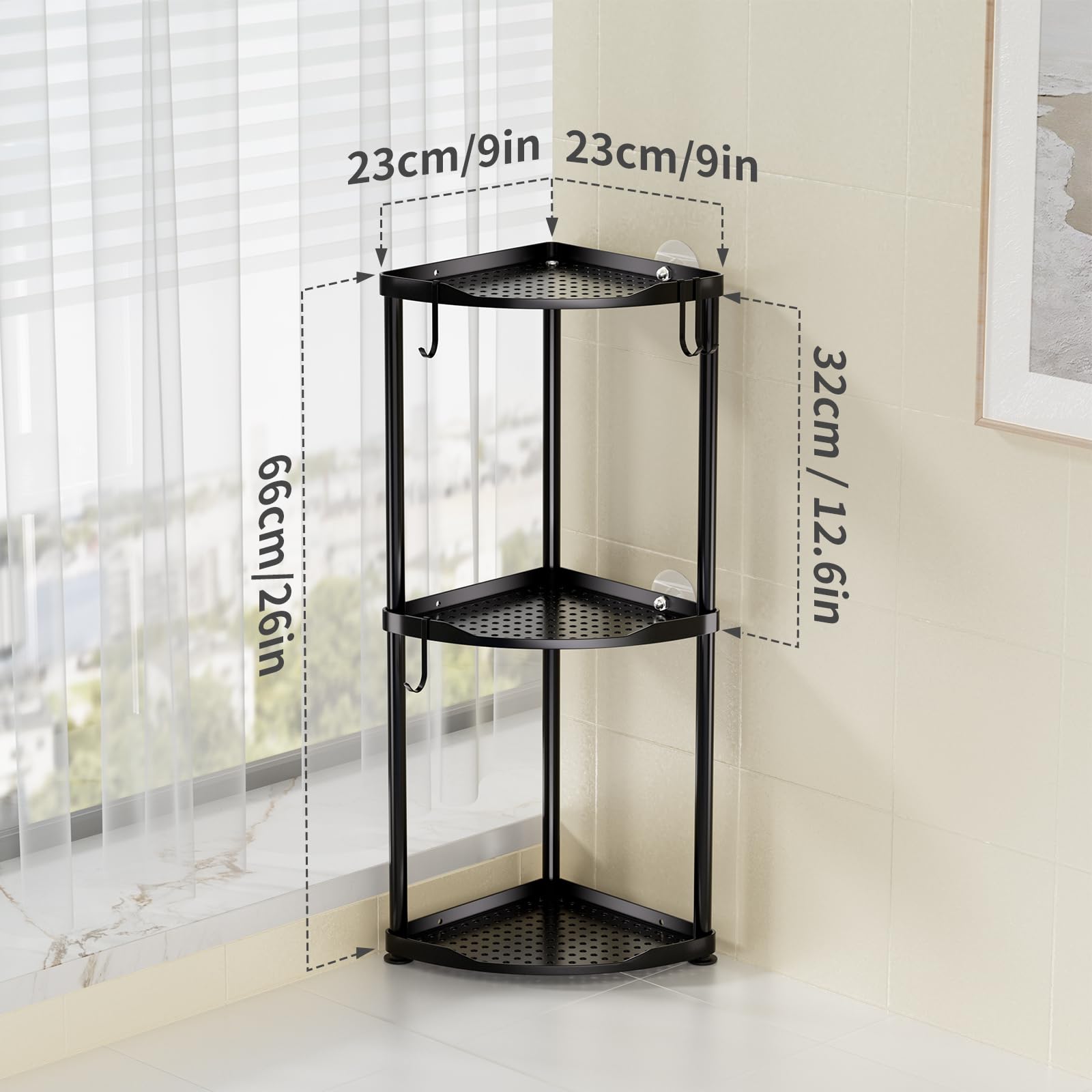 SWTYMIKI Corner Shower Caddy Standing - 3 Tier Stainless Steel Corner Shower Organizer Stand, Large Capacity Floor Shower Shelf with 4 Hooks, Rustproof Shower Storage for Bathroom and Bathtub, Black