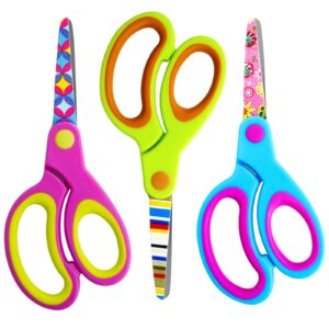 kids scissors 3 pack children's scissors with comfort handles 5" safety blunt tip scissors floral print blades and soft grip cute scissors,school, diy, home, classroom use crafting cutting paper