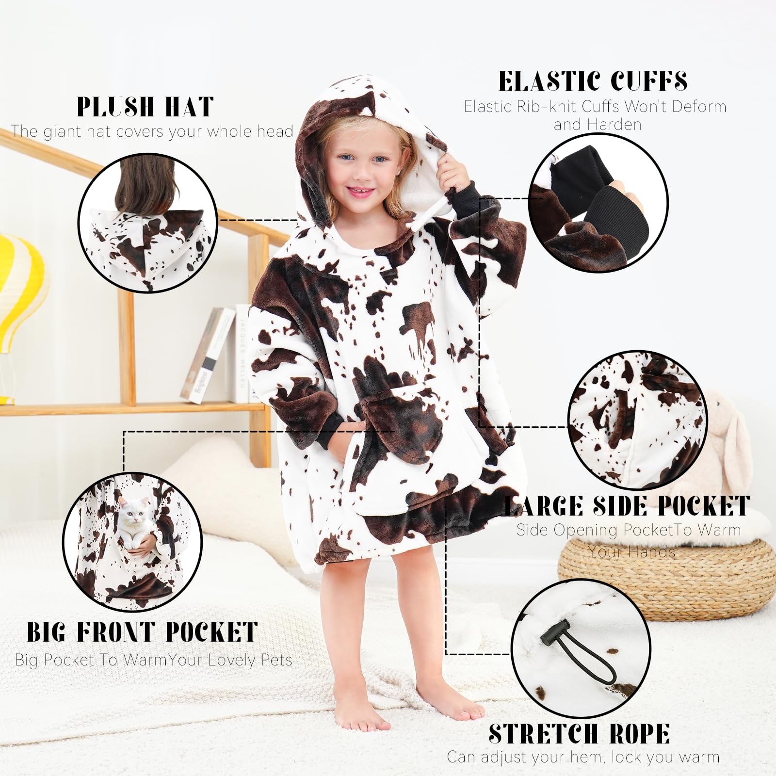 cow print Wearable Blanket Hoodie for Kids Oversize Blanket Hoodies Cozy Black and White Fleece Sweatshirt Blanket Gifts for Girls Boys 2-5 Year Old