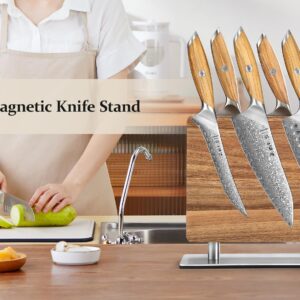 Strong Double Sided Magnetic Knife Block Without Knives, with Acacia Wood+430 Stainless Steel Base，Magnetic Universal Stands with Strong Enhanced Magnets Strip Kitchen Storage Cutlery Large Organizer