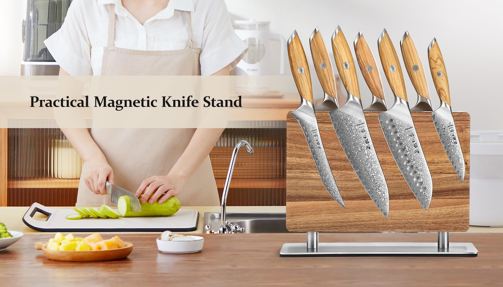 Strong Double Sided Magnetic Knife Block Without Knives, with Acacia Wood+430 Stainless Steel Base，Magnetic Universal Stands with Strong Enhanced Magnets Strip Kitchen Storage Cutlery Large Organizer