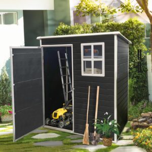 shaical outdoor storage shed with floor and window, 5x3ft waterproof tool shed with vents, lockable door, all weather sloping roof outdoor shed, for lawnmower, bike, tools, black