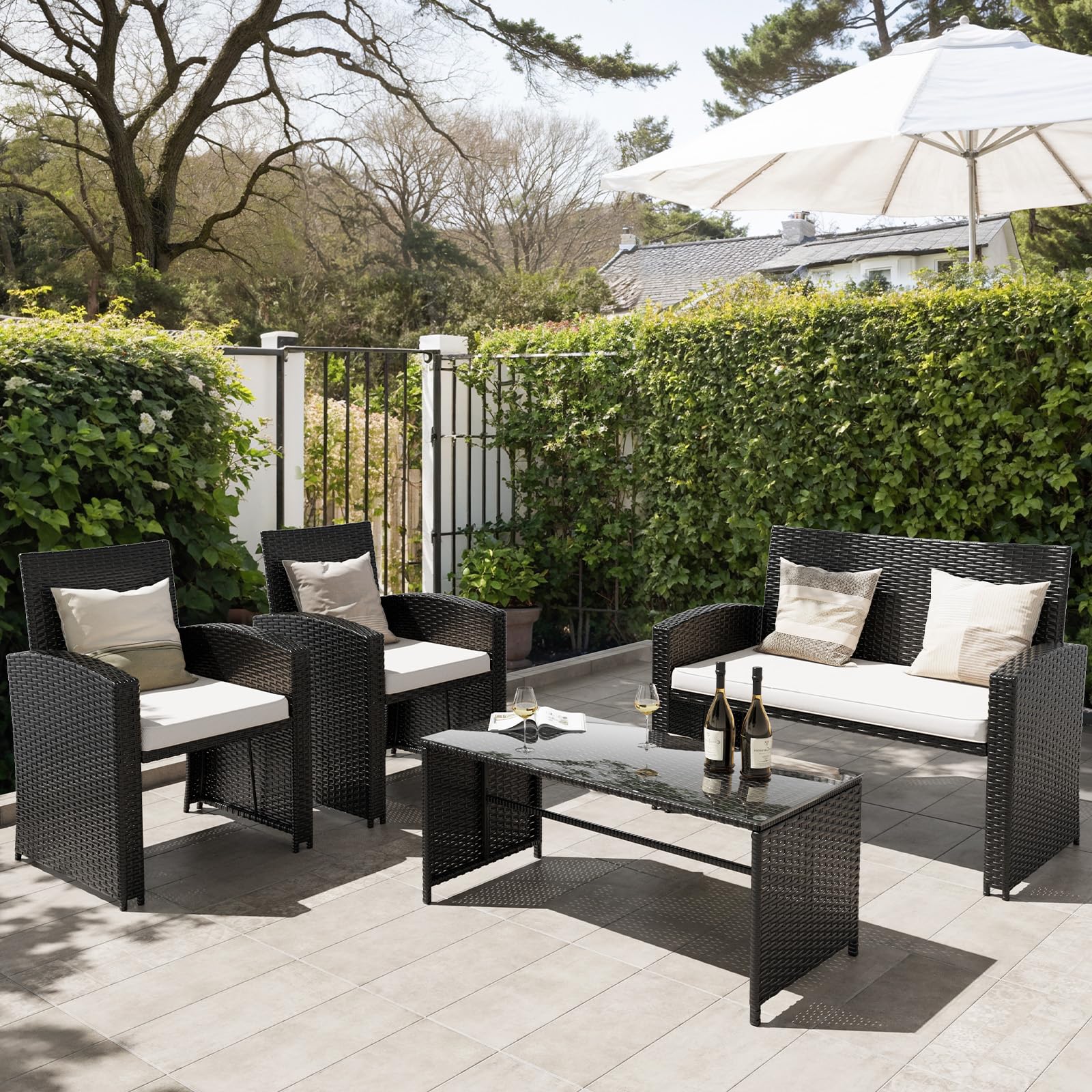 Amopatio Outdoor Furniture Set,4 Pieces Black Rattan Wicker Conversation Sets Sectional Sofa with White Cushions