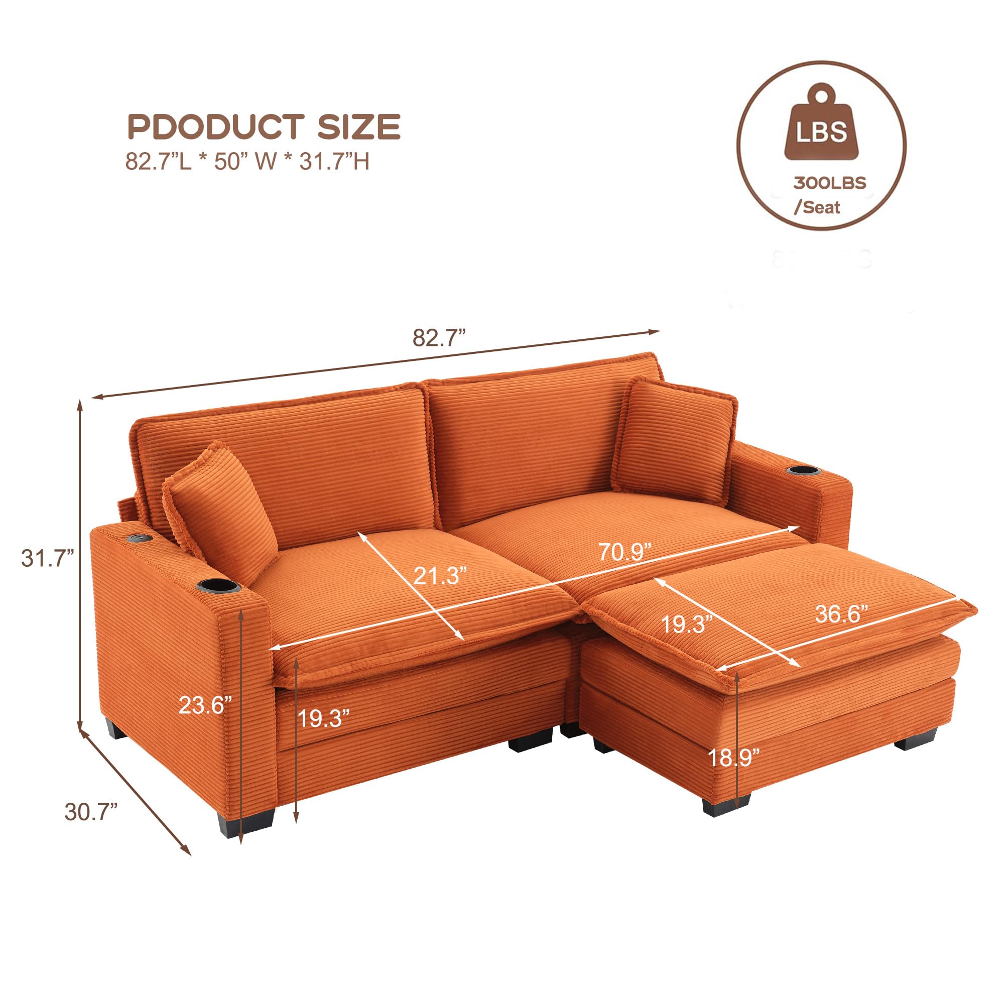 GNIXUU 82.7" L Shaped Sectional Couch with USB Port & Cup Holders, Cloud 2-seat Loveseat Sofa with Ottoman, Comfy Corduroy Modular Sofa for Small Living Room, Apartment, Office.Orange