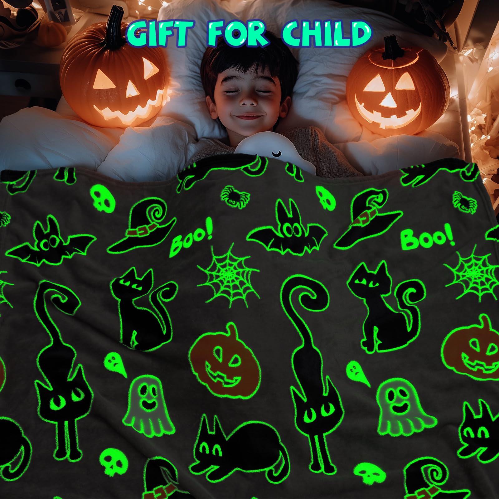 Halloween Decorations Gifts for Girls Boys Toys - Glow in The Dark Halloween Blanket Costumes for Kids 3 4 5 6 7 8 9 10 11 12 13 Years Old - Ghost Blanket with Boo Pumpkin Cat Bat Halloween Decor