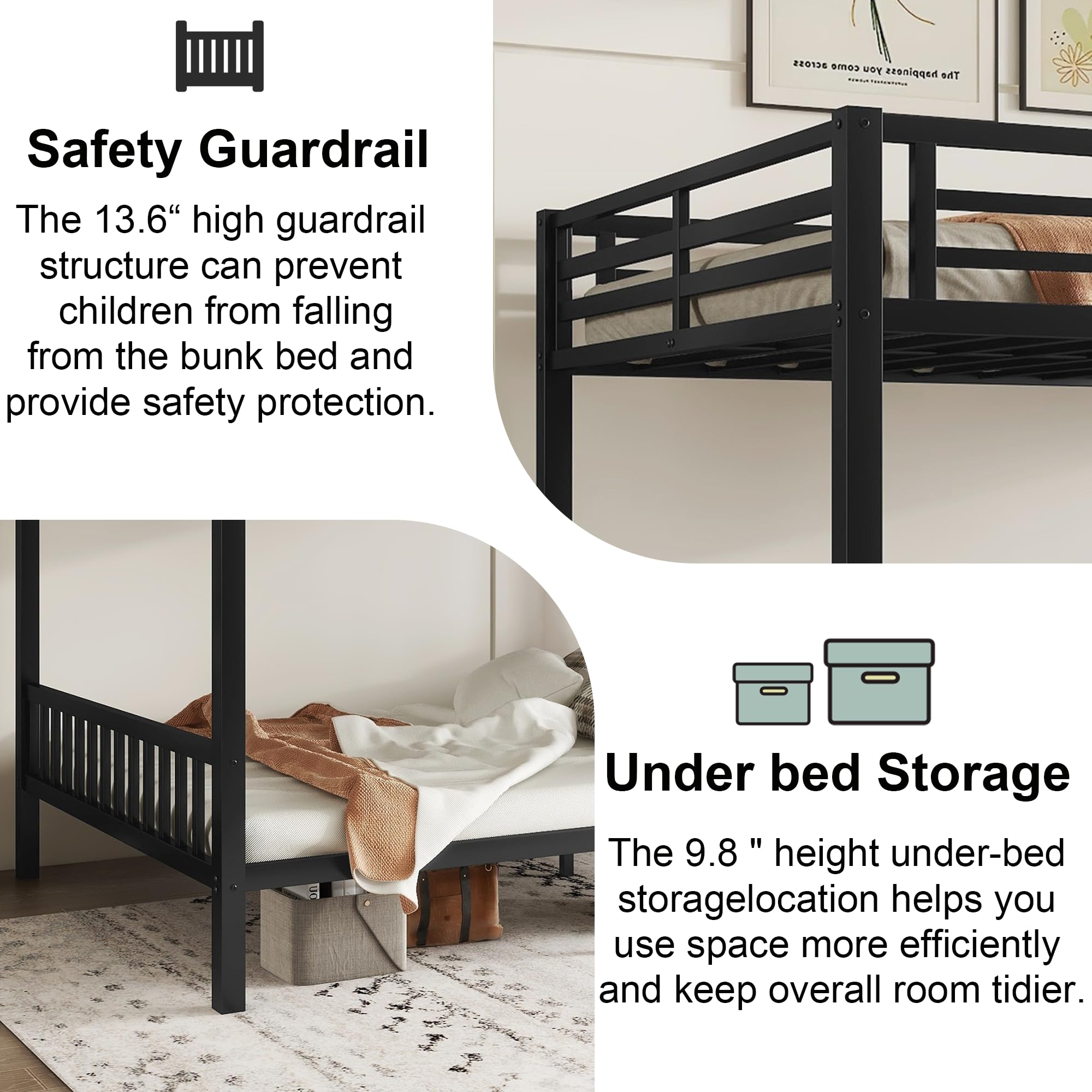 Mirightone Queen Over Queen Bunk Beds for Adults, Metal Bunk Bed Queen Size,Heavy-Duty Bunk Bed Frame with Ladder and Slats Support for Boys Girls,Space-Saving,Noise Reduced,Black