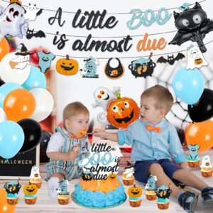 53Pcs Blue Halloween Baby Shower Decorations Include A Little Boo is Almost Due Banner Ghost Bat Monster foil Balloons Cake Topper and Latex Balloons for kids Halloween Boo Baby Shower Party Supplies