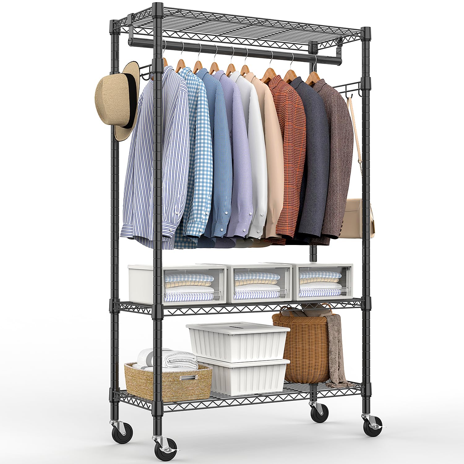 MZG Heavy Duty Rolling Garment Rack 3 Tiers Adjustable Wire Shelving Clothes Rack with Rods and Side Hooks,Storage Closet Clothing Rack with Wheels Black 15.7" D x 29.5" W x 74.5" H