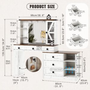 FREDEES Farmhouse Vanity Desk with Mirror and Lights, Makeup Vanity Table with 6 Drawers/Large Storage,White Dressing Table 3 Colors Adjustable Lighting Brightness & Charging Station for Women