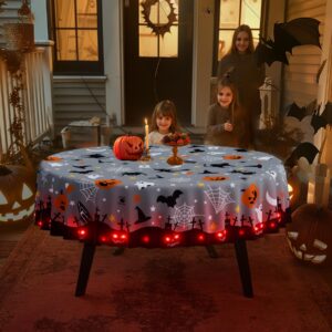 Suppromo Halloween Tablecloth with Lights 60 Inch Round Waterproof Fabric Pumpkin Witches Bat Ghost Table Cloth for Halloween Party Everyday Dinner Table Decorations Halloween Table Cover