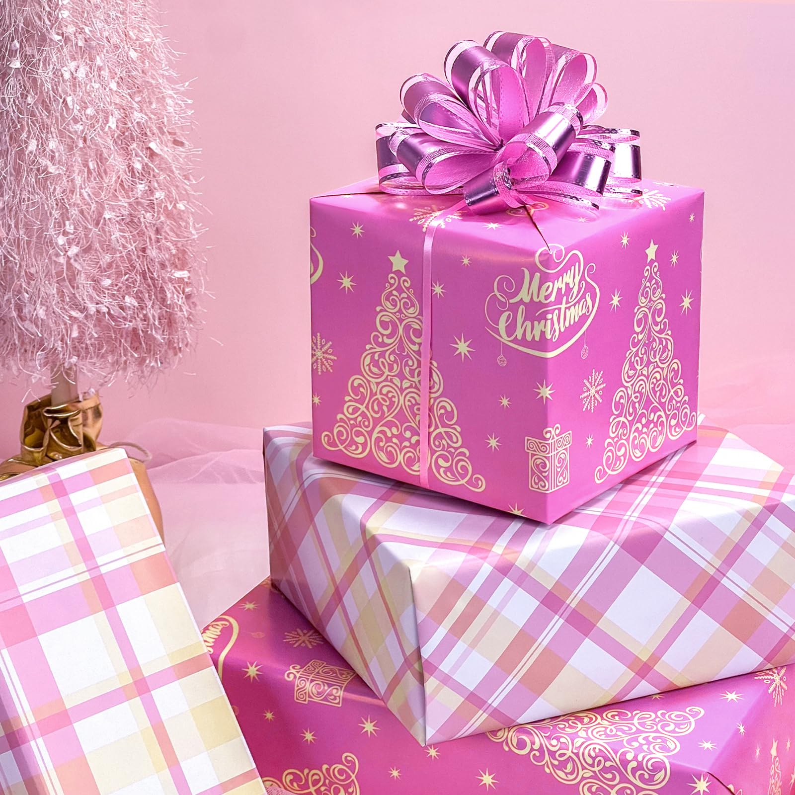 EWES Pink Christmas Wrapping Paper Rolls Cute Kids Reversible Tree Thick Aesthetic Elegant Gift Wrap Sheets Heavy Duty Girls Girly Princess Total 28.5sq.ft