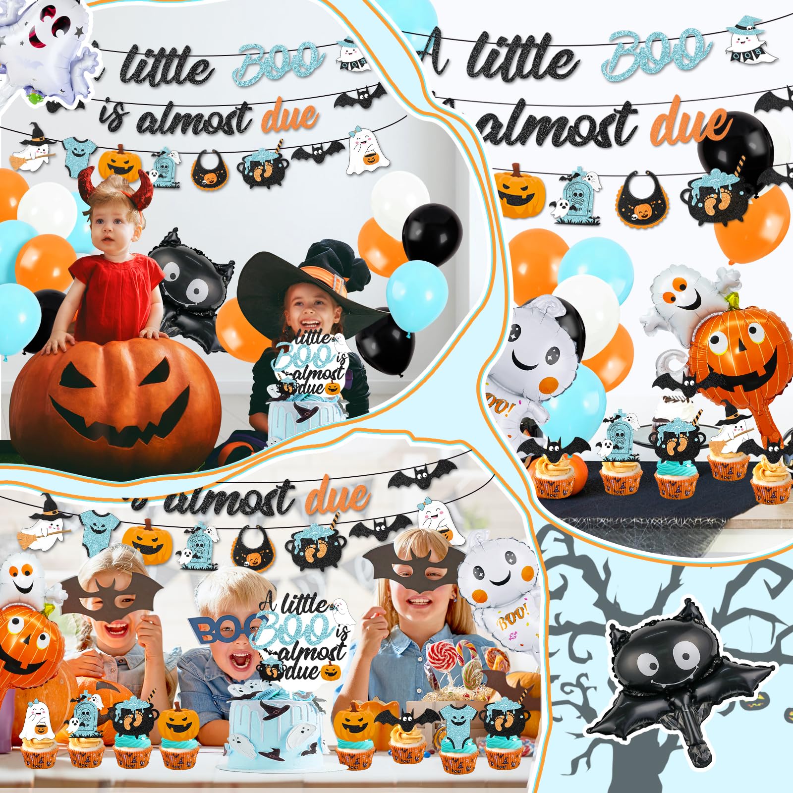 53Pcs Blue Halloween Baby Shower Decorations Include A Little Boo is Almost Due Banner Ghost Bat Monster foil Balloons Cake Topper and Latex Balloons for kids Halloween Boo Baby Shower Party Supplies