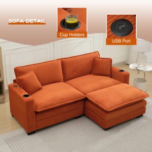 GNIXUU 82.7" L Shaped Sectional Couch with USB Port & Cup Holders, Cloud 2-seat Loveseat Sofa with Ottoman, Comfy Corduroy Modular Sofa for Small Living Room, Apartment, Office.Orange