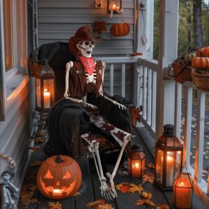 aw pirate life size skeleton poseable, full size western cowboy skeleton 5.4 ft plastic for halloween party outdoor patio decorations haunted house props 2024