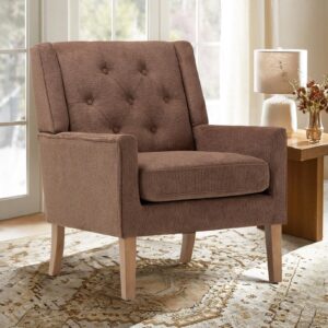 colamy mid-century accent chairs, modern wingback living room chair, upholstered armchair with button tufted back and wood legs for bedroom/reading spaces/office, brown