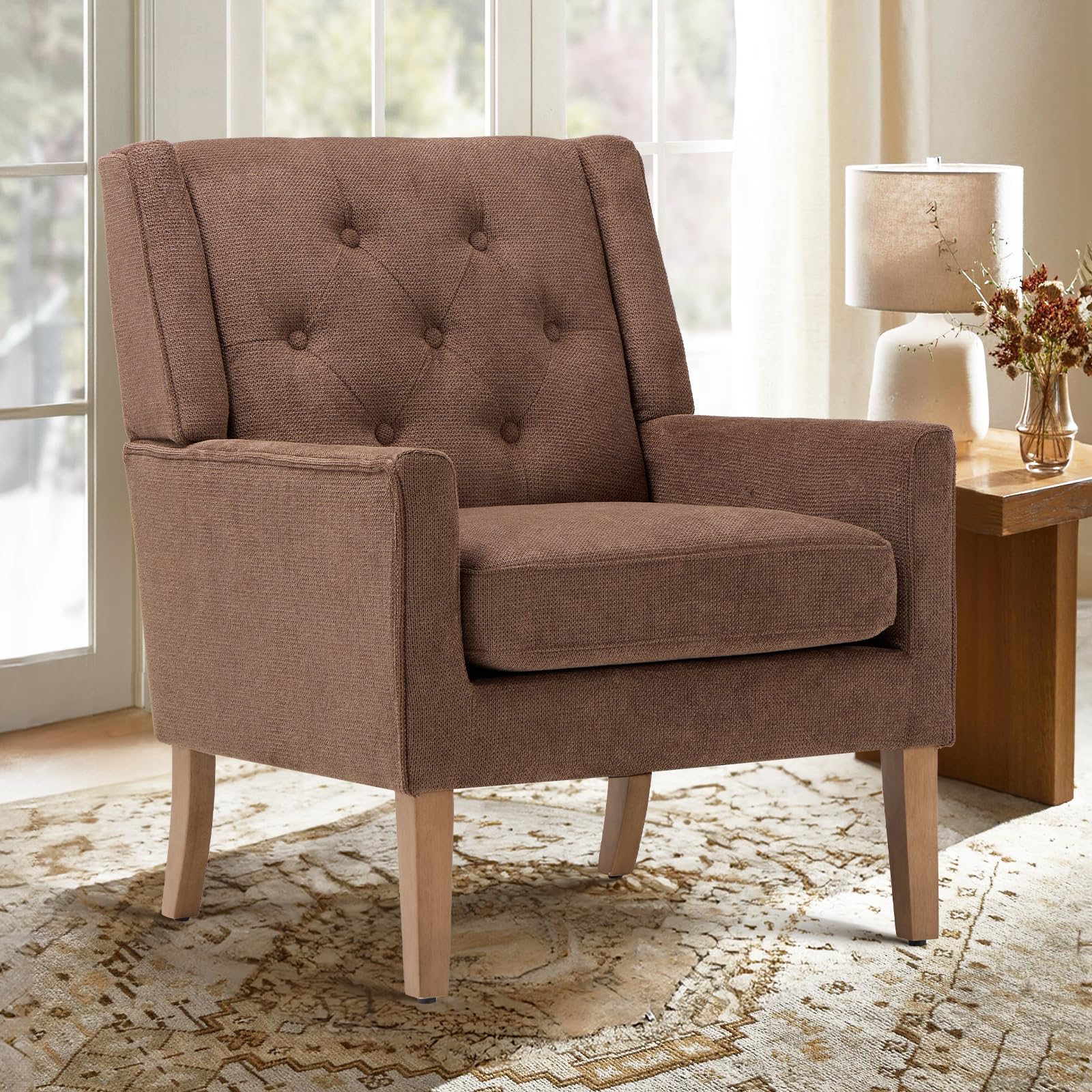 COLAMY Mid-Century Accent Chairs, Modern Wingback Living Room Chair, Upholstered Armchair with Button Tufted Back and Wood Legs for Bedroom/Reading Spaces/Office, Brown