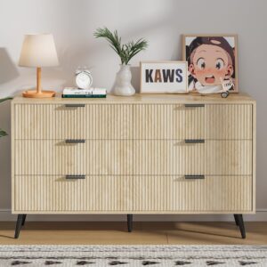 6 Drawer Double Dresser for Bedroom, Modern Dressers Chest of Drawers with Fluted Panel, Wide Wood Storage Dresser Organizer, Dresser TV Stand for Bedroom, Living Room (6Drawer-Wood-wu)