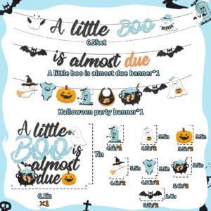 53Pcs Blue Halloween Baby Shower Decorations Include A Little Boo is Almost Due Banner Ghost Bat Monster foil Balloons Cake Topper and Latex Balloons for kids Halloween Boo Baby Shower Party Supplies