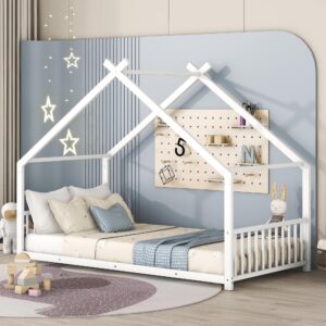 wakefit twin size montessori floor bed with headboard and footboard, metal house bed frame with soundproof strip for children, toddlers, boys, girls bedroom, kids playroom, no box spring needed(white)