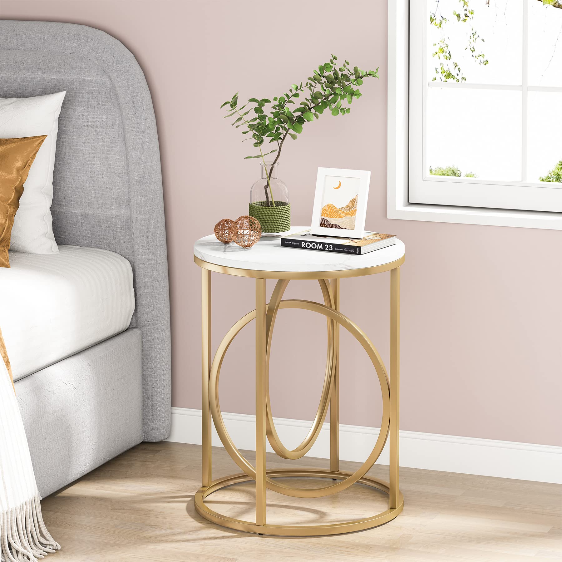 Tribesigns Round Gold End Table - Set of 2, Faux Marble Side Table w/O-Shaped Metal Base, 20" Wide Tabletop, White and Gold Accent Table Small Round Nightstand for Living Room, Bedroom, Small Spaces