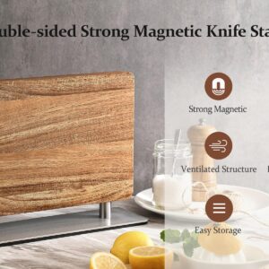 Strong Double Sided Magnetic Knife Block Without Knives, with Acacia Wood+430 Stainless Steel Base，Magnetic Universal Stands with Strong Enhanced Magnets Strip Kitchen Storage Cutlery Large Organizer